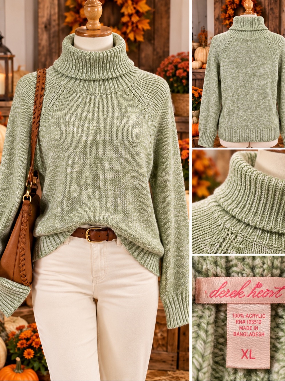 Derek Heart Women’s XL Sage Green Marled Turtleneck Sweater Raglan Sleeve